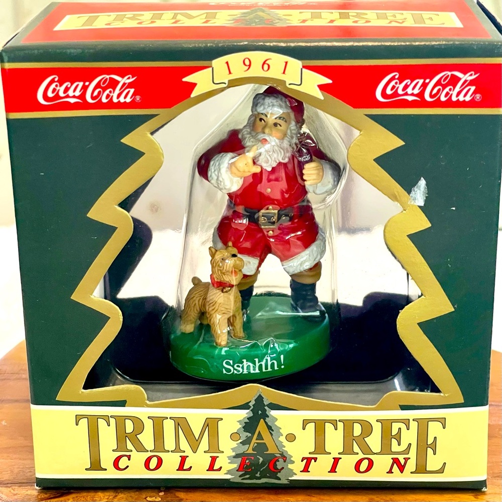 Vintage 1990 Ornament Coke Coca-Cola Christmas  Trim-a-Tree, Santa w/ Dog